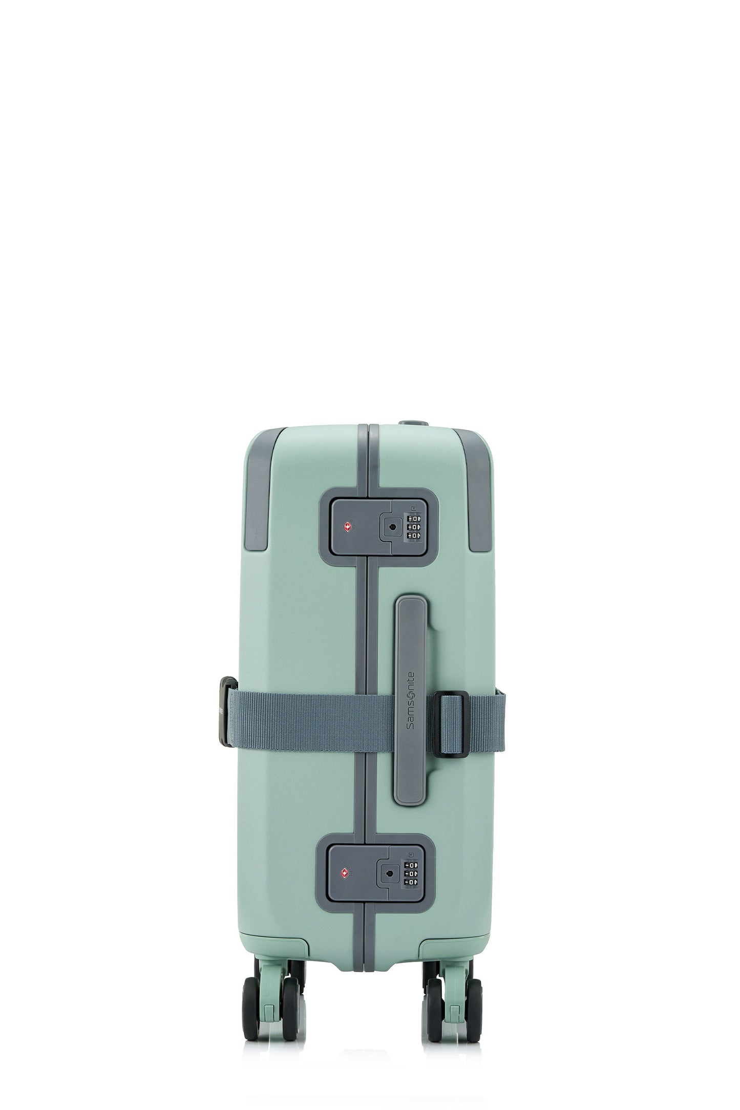 Side view of the Evox Spinner Cabin luggage in Mint strapped. Shop the Collection Online.