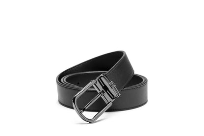 Angled buckle front view of the Samsonite AAMIR II BIZCTR Arc Black Leather Belt. Shop Now Online