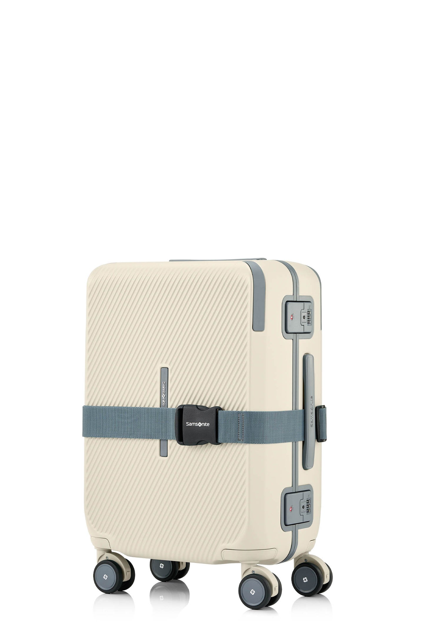 Angled view of the Evox Spinner Cabin luggage in Beige strapped. Shop the Collection Online.