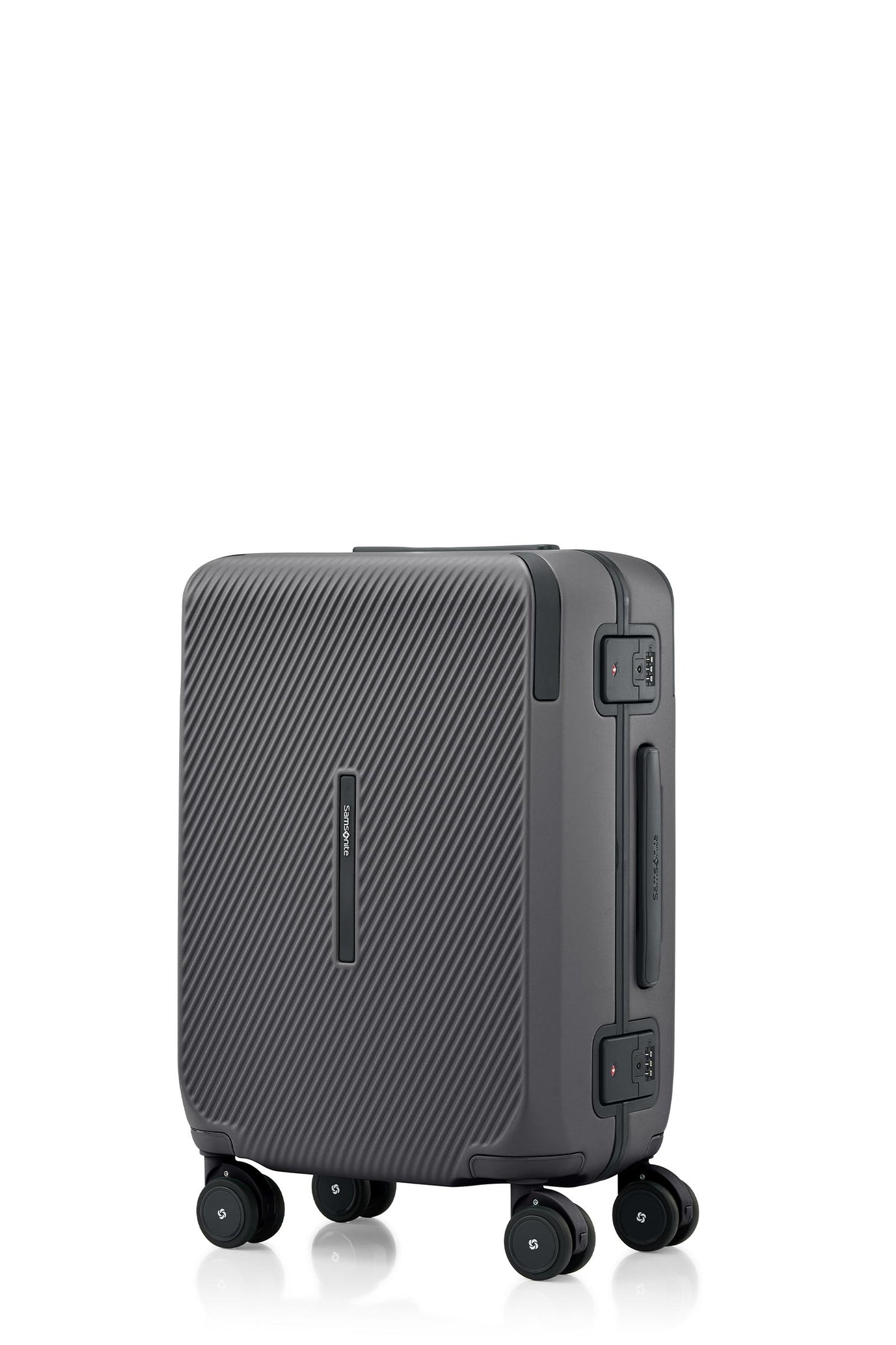 Angled view of the Evox Spinner Cabin luggage in Graphite. Shop the Collection Online.
