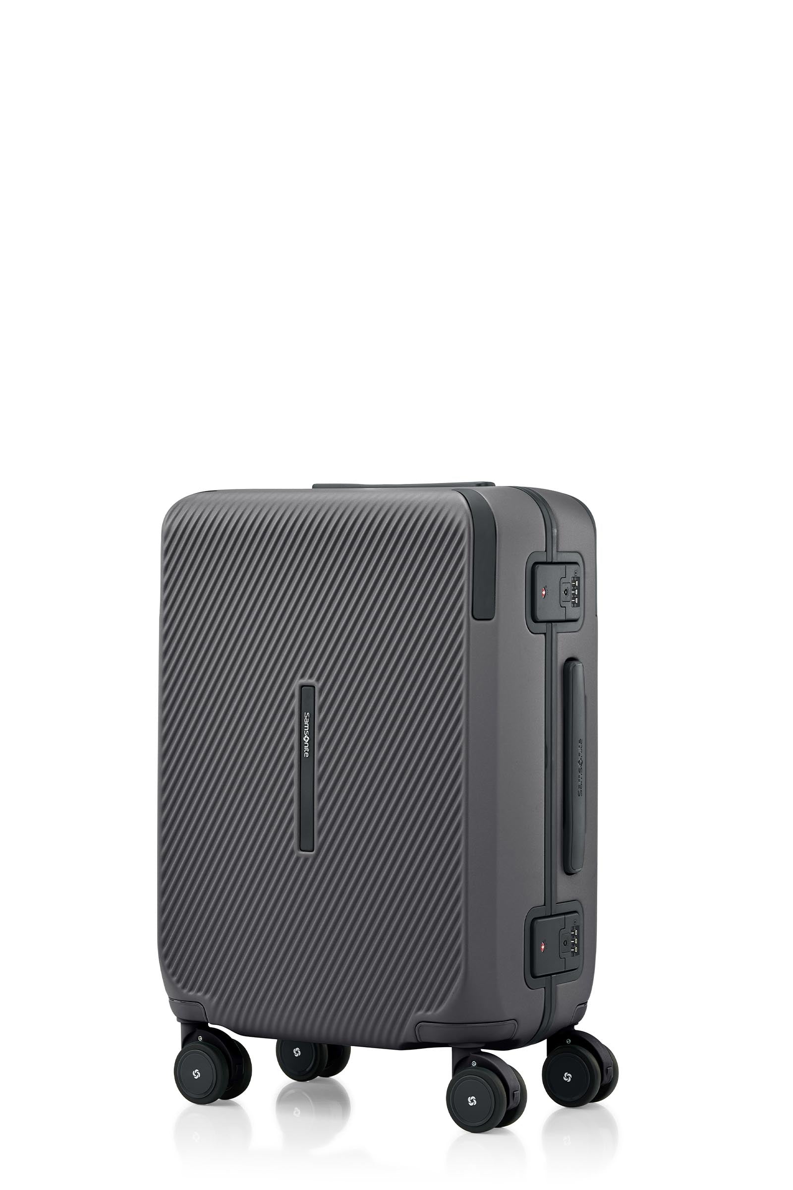 Angled view of the Evox Spinner Cabin luggage in Graphite. Shop the Collection Online.