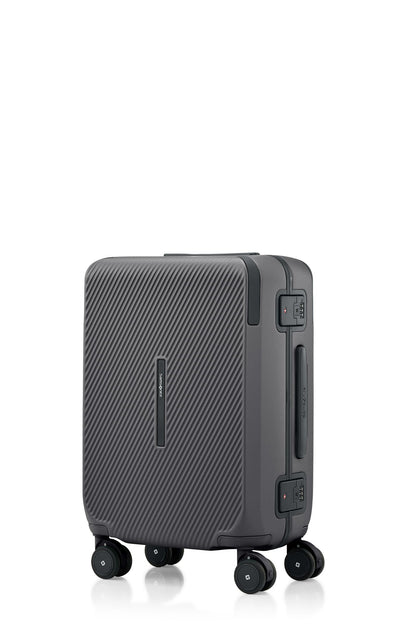 Angled view of the Evox Spinner Cabin luggage in Graphite. Shop the Collection Online.