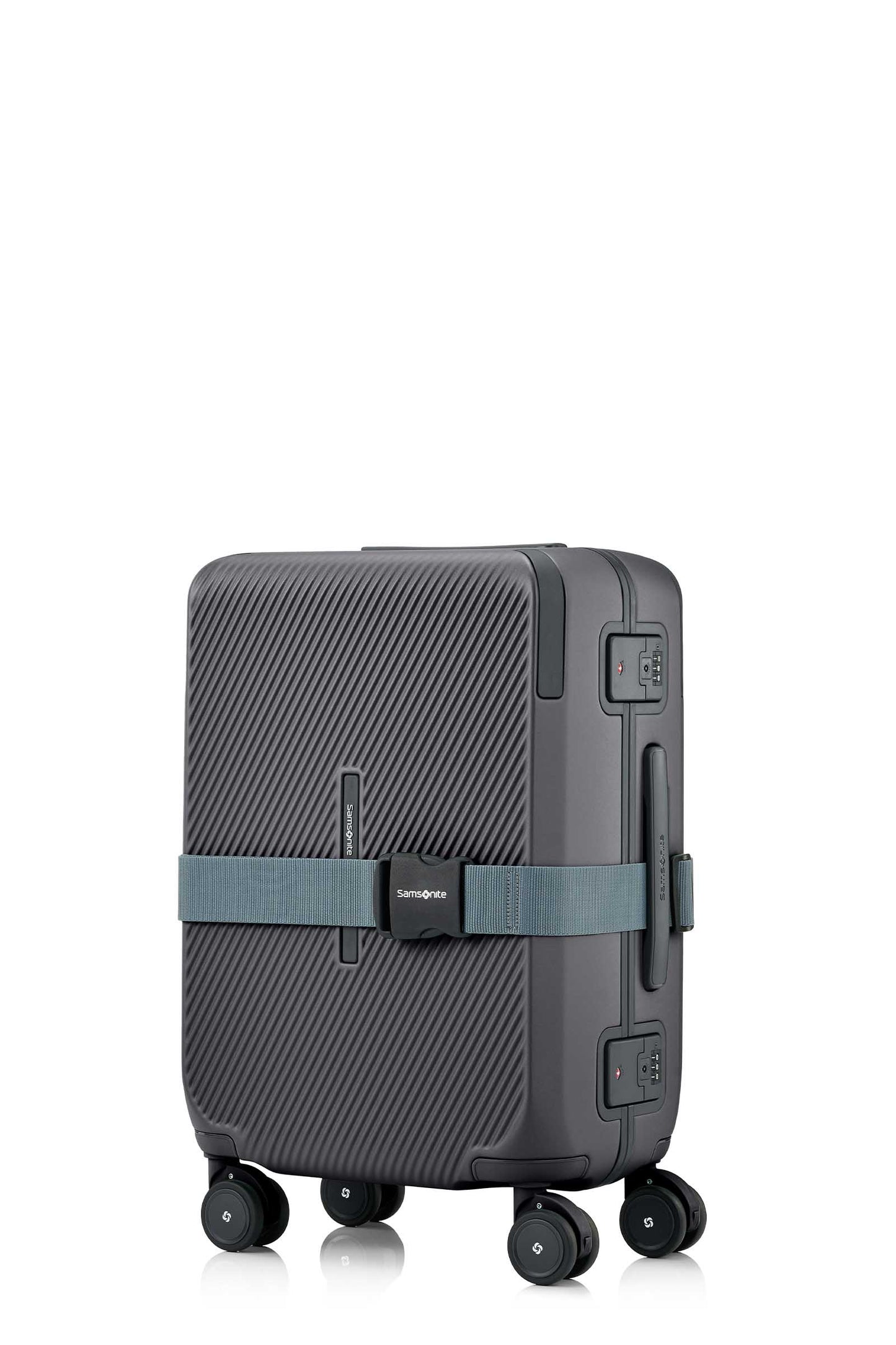 Angled view of the Evox Spinner Cabin luggage in Graphite strapped. Shop the Collection Online.