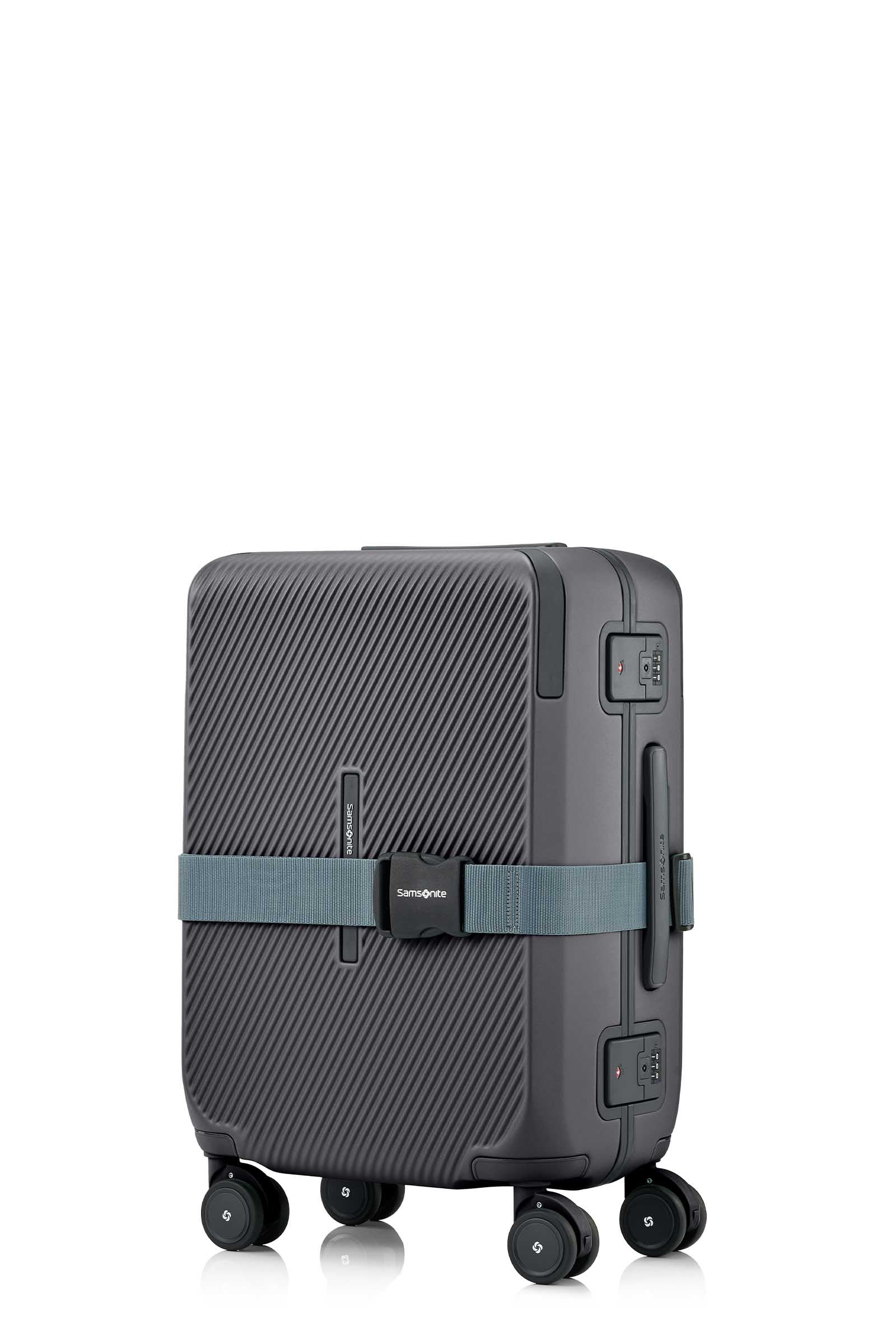 Angled view of the Evox Spinner Cabin luggage in Graphite strapped. Shop the Collection Online.