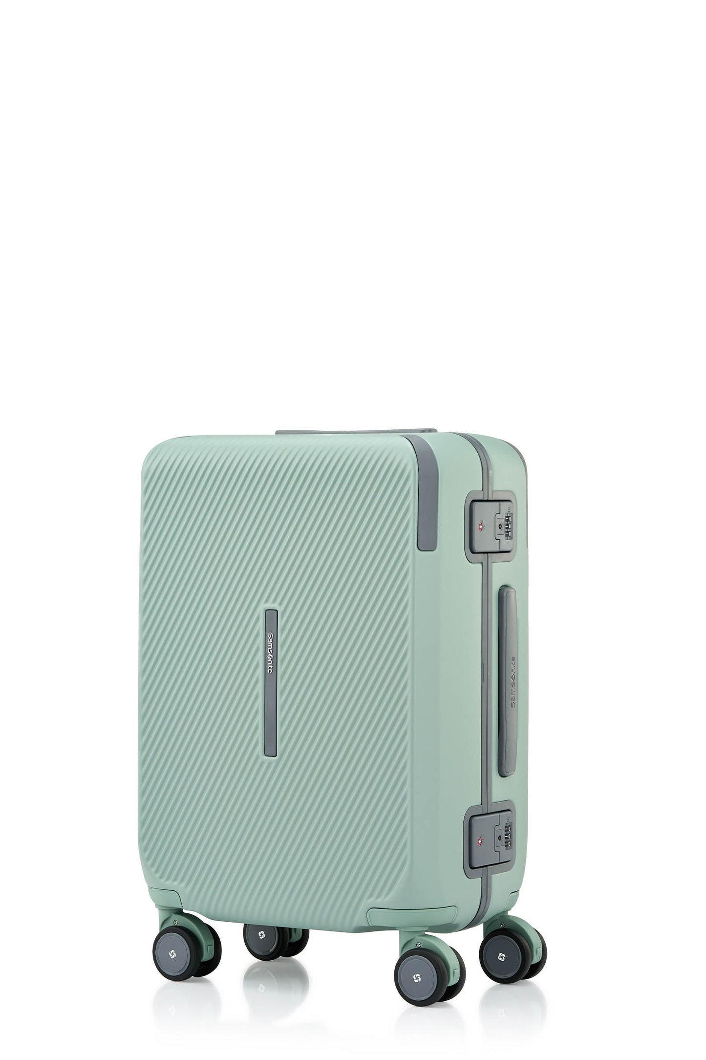 Angled view of the Evox Spinner Cabin luggage in Mint. Shop the Collection Online.