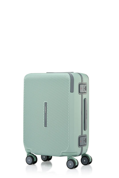 Angled view of the Evox Spinner Cabin luggage in Mint. Shop the Collection Online.