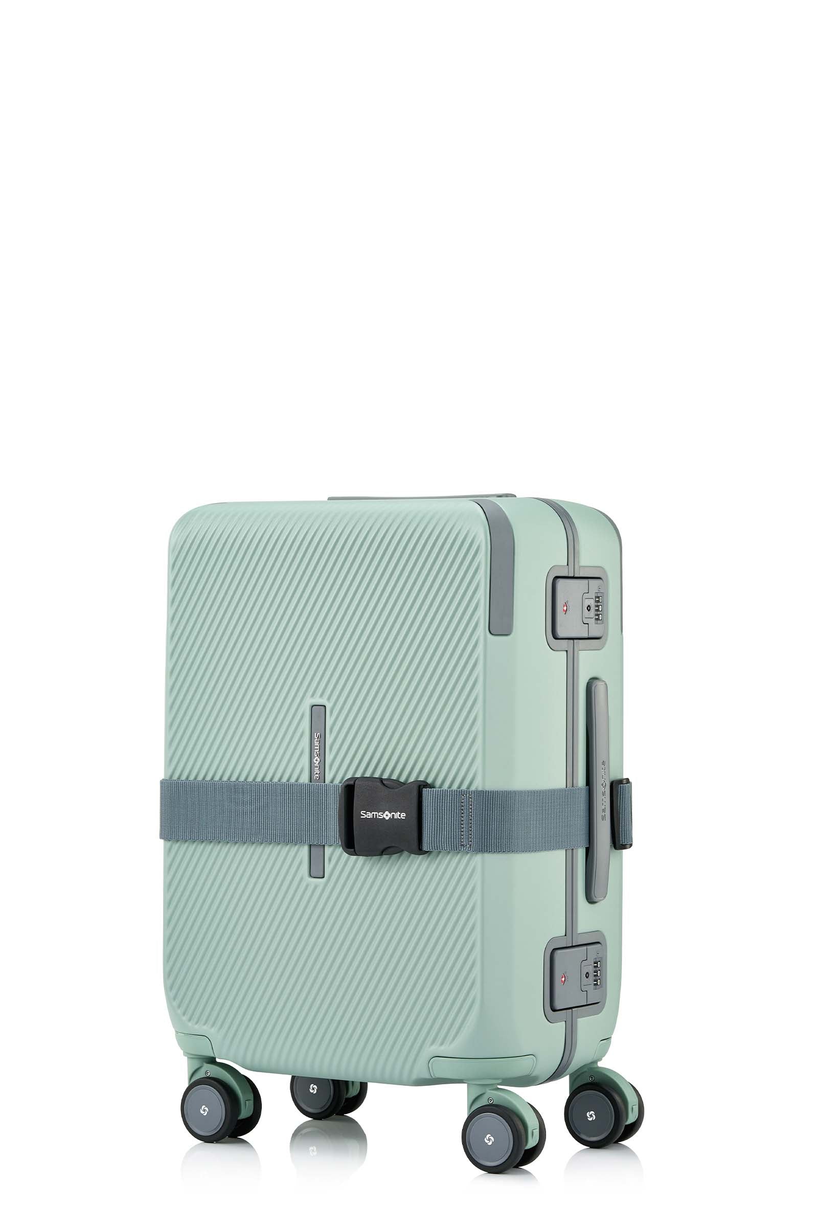 Angled view of the Evox Spinner Cabin luggage in Mint strapped. Shop the Collection Online.