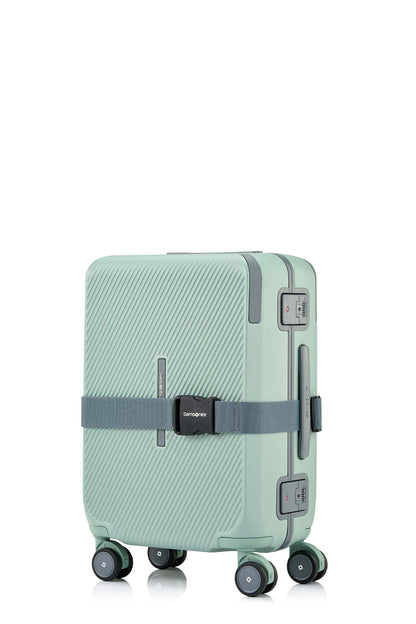 Angled view of the Evox Spinner Cabin luggage in Mint strapped. Shop the Collection Online.