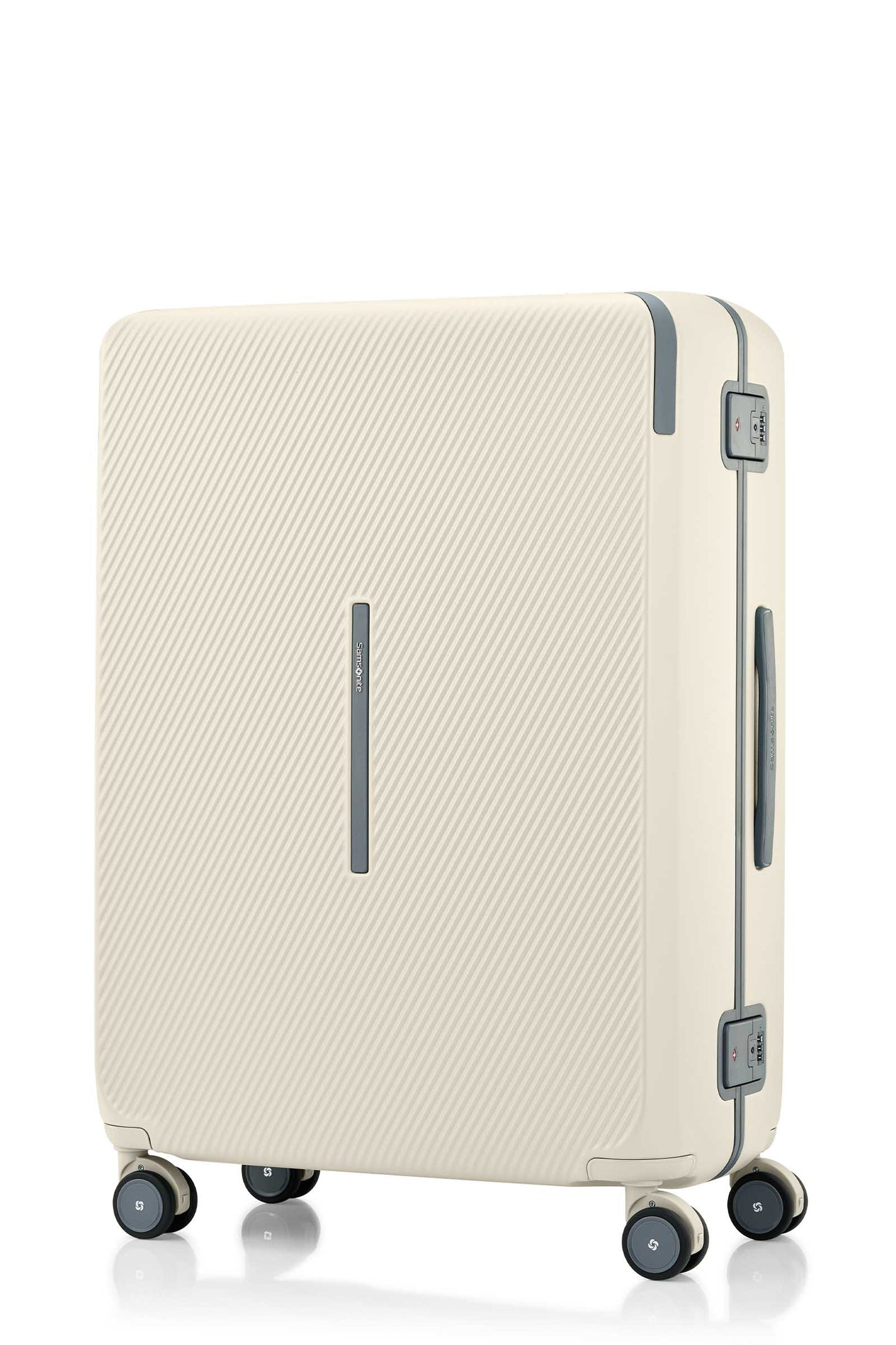 Angled view of the Evox Spinner Large luggage in Beige. Shop the Collection Online.