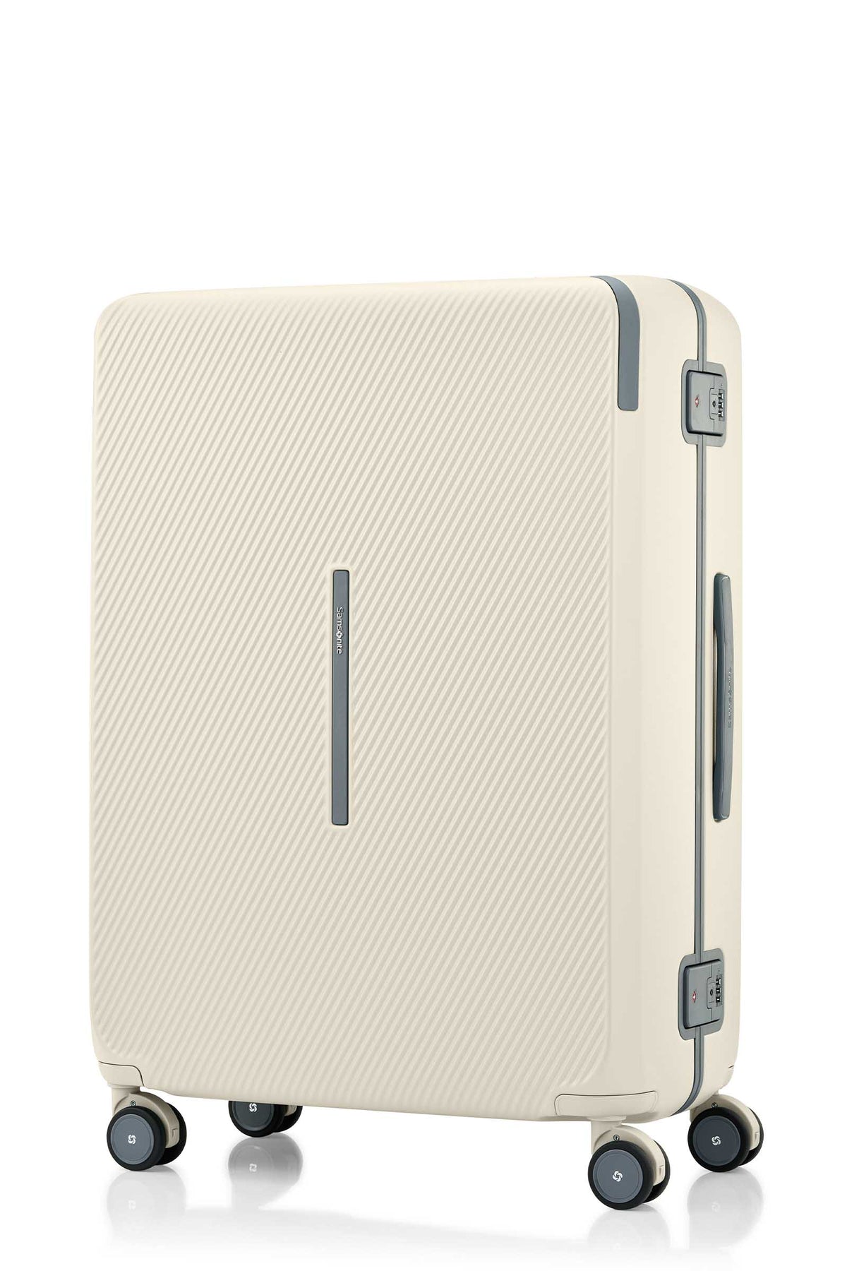 Angled view of the Evox Spinner Large luggage in Beige. Shop the Collection Online.
