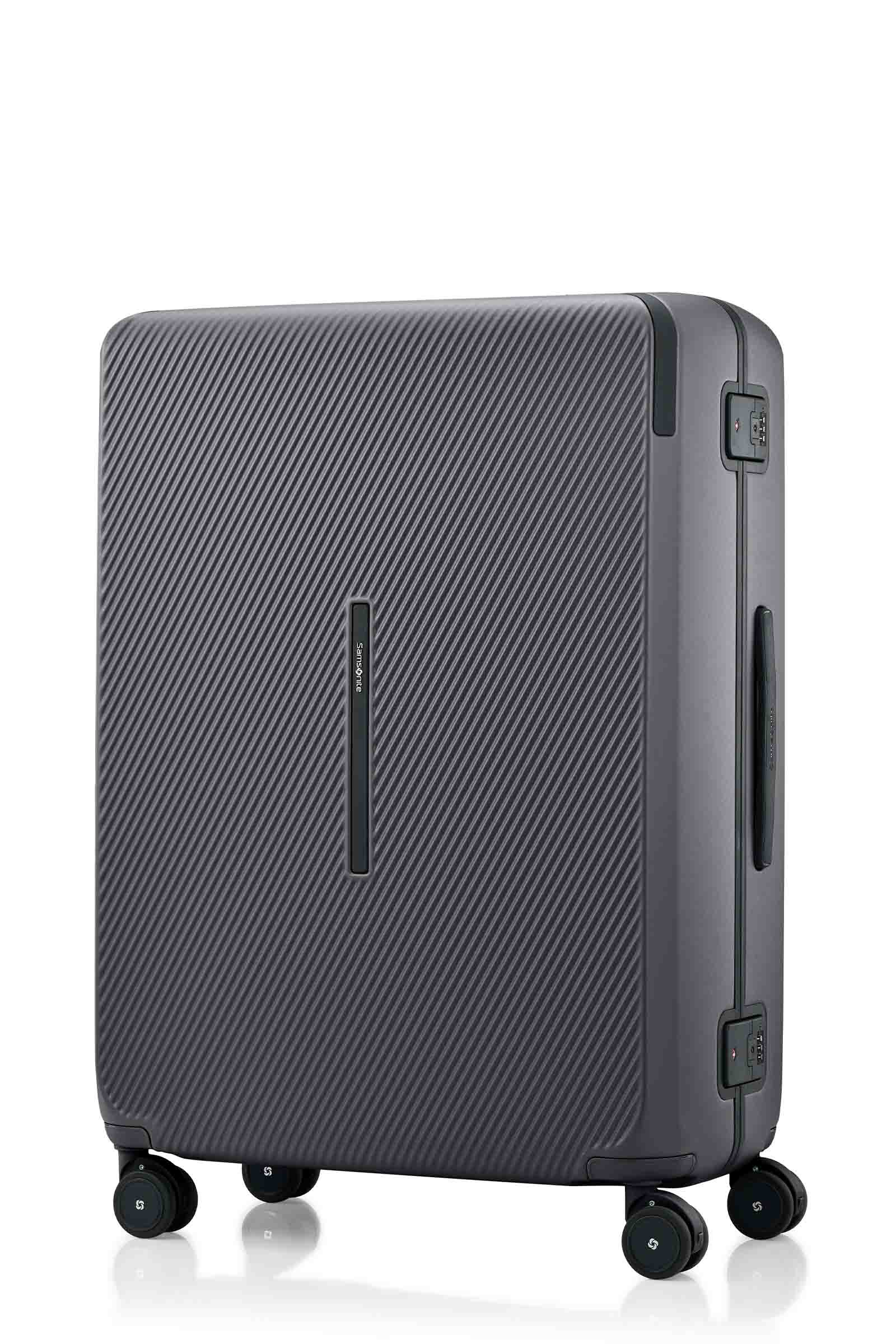 Angled view of the Evox Spinner Large luggage in Graphite. Shop the Collection Online.