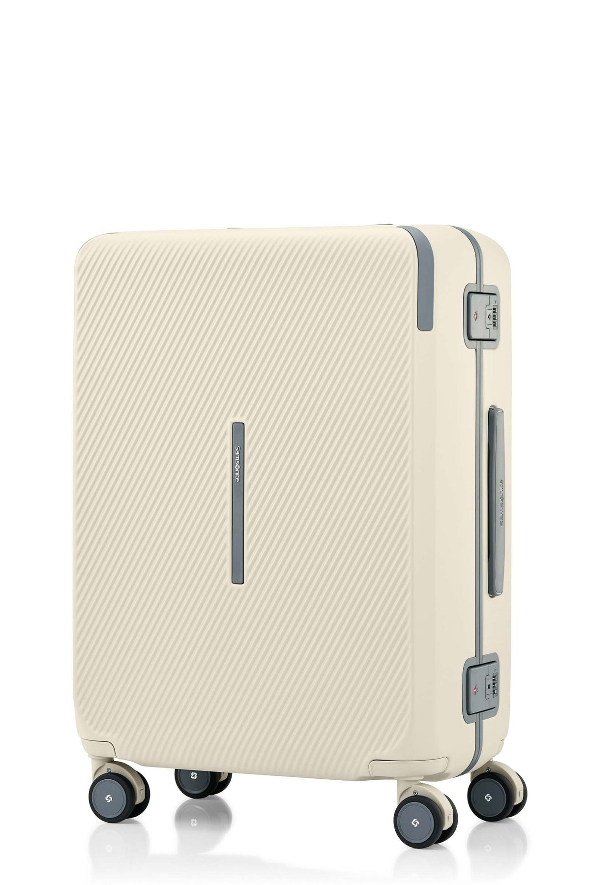 Angled view of the Evox Spinner Medium luggage in Beige. Shop the Collection Online.