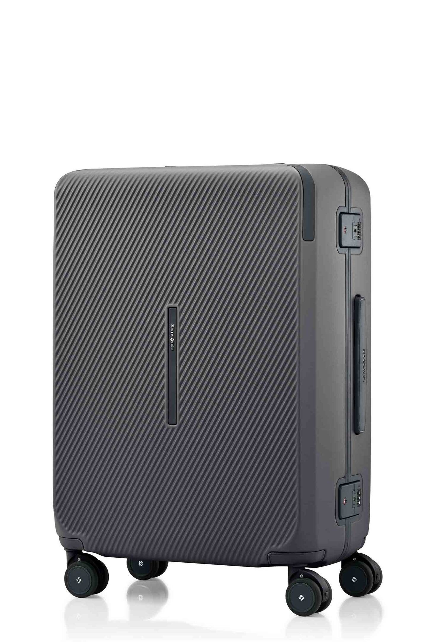 Angled view of the Evox Spinner Medium luggage in Graphite. Shop the Collection Online.