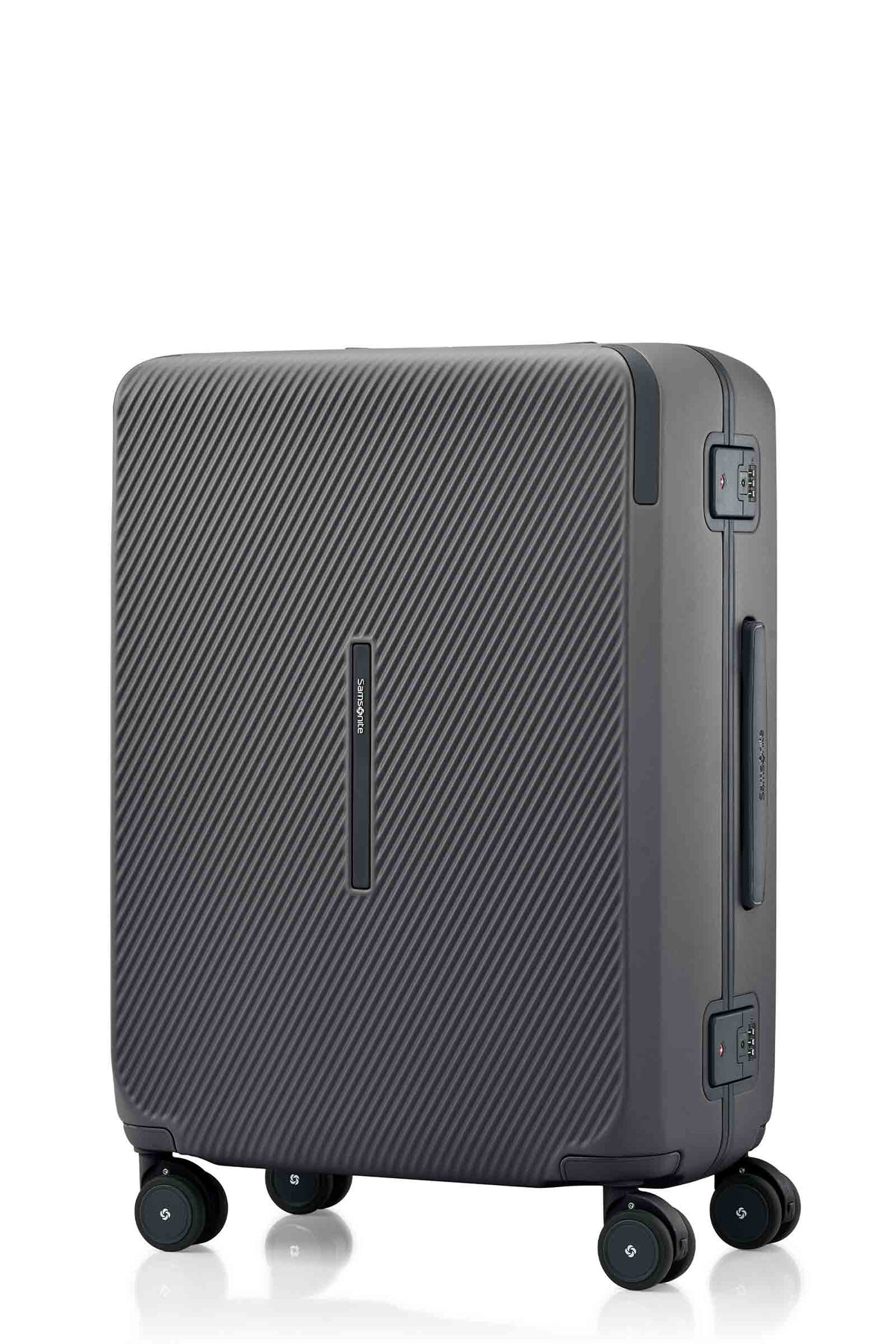 Angled view of the Evox Spinner Medium luggage in Graphite. Shop the Collection Online.