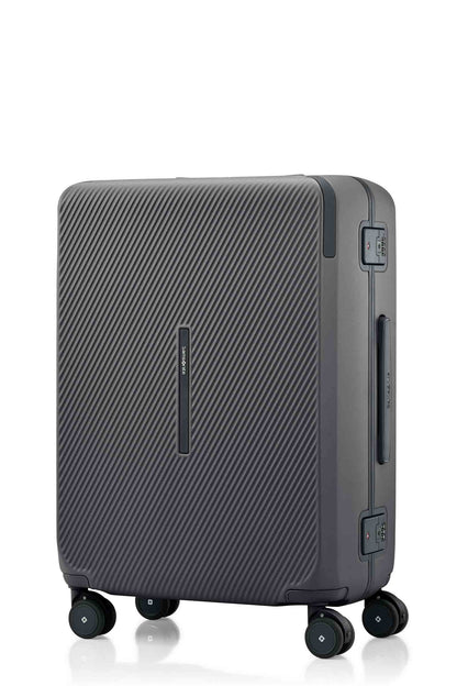 Angled view of the Evox Spinner Medium luggage in Graphite. Shop the Collection Online.