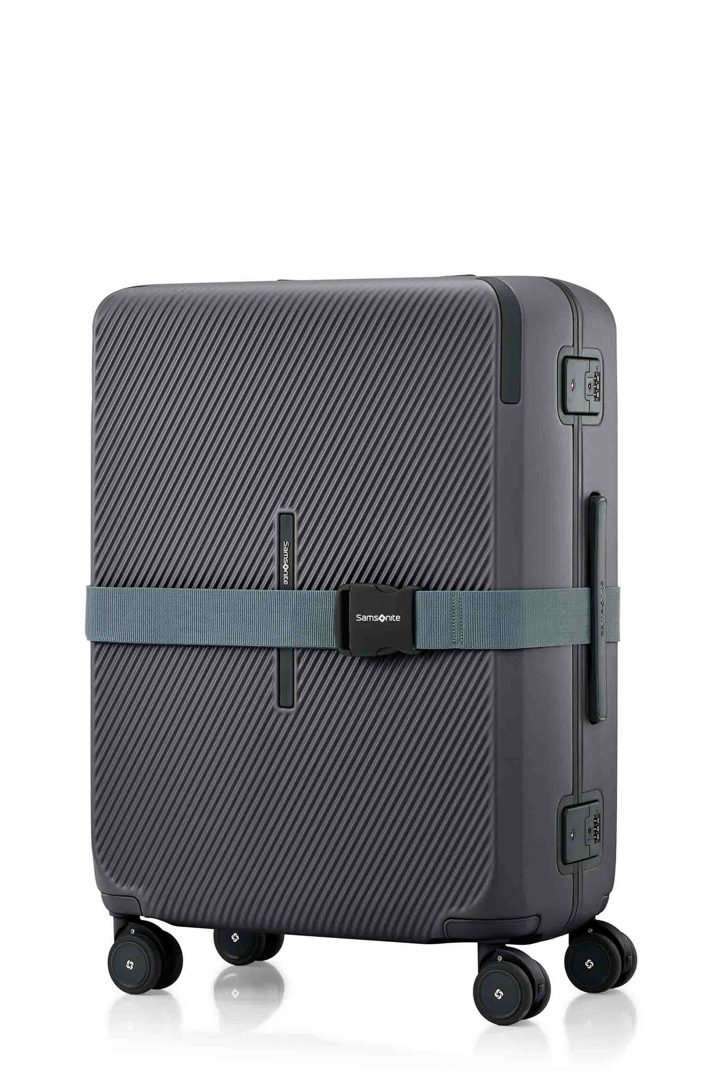 Angled view of the Evox Spinner Medium luggage in Graphite strapped. Shop the Collection Online.