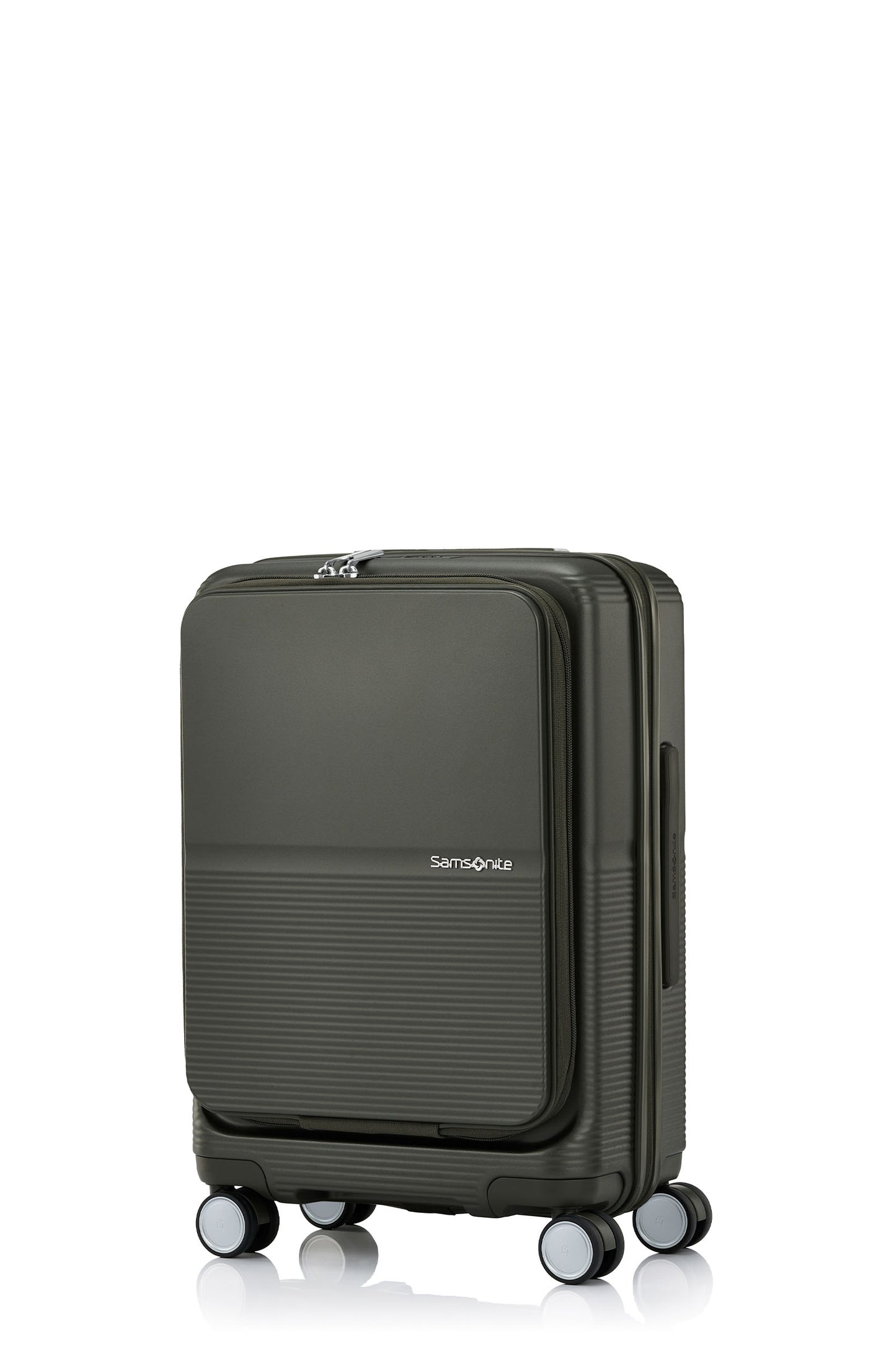 Angled view of the Samsonite Flatform Spinner Cabin in Dark Moss. Shop the Latest Online