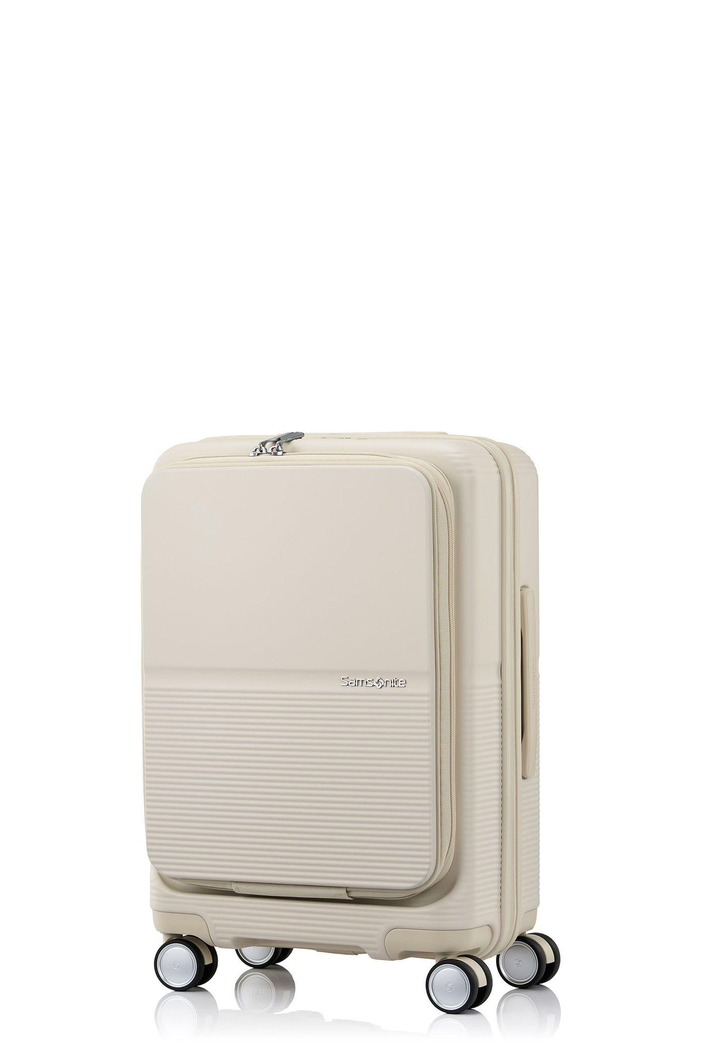 Angled view of the Samsonite Flatform Spinner Cabin in Ivory. Shop the Latest Online