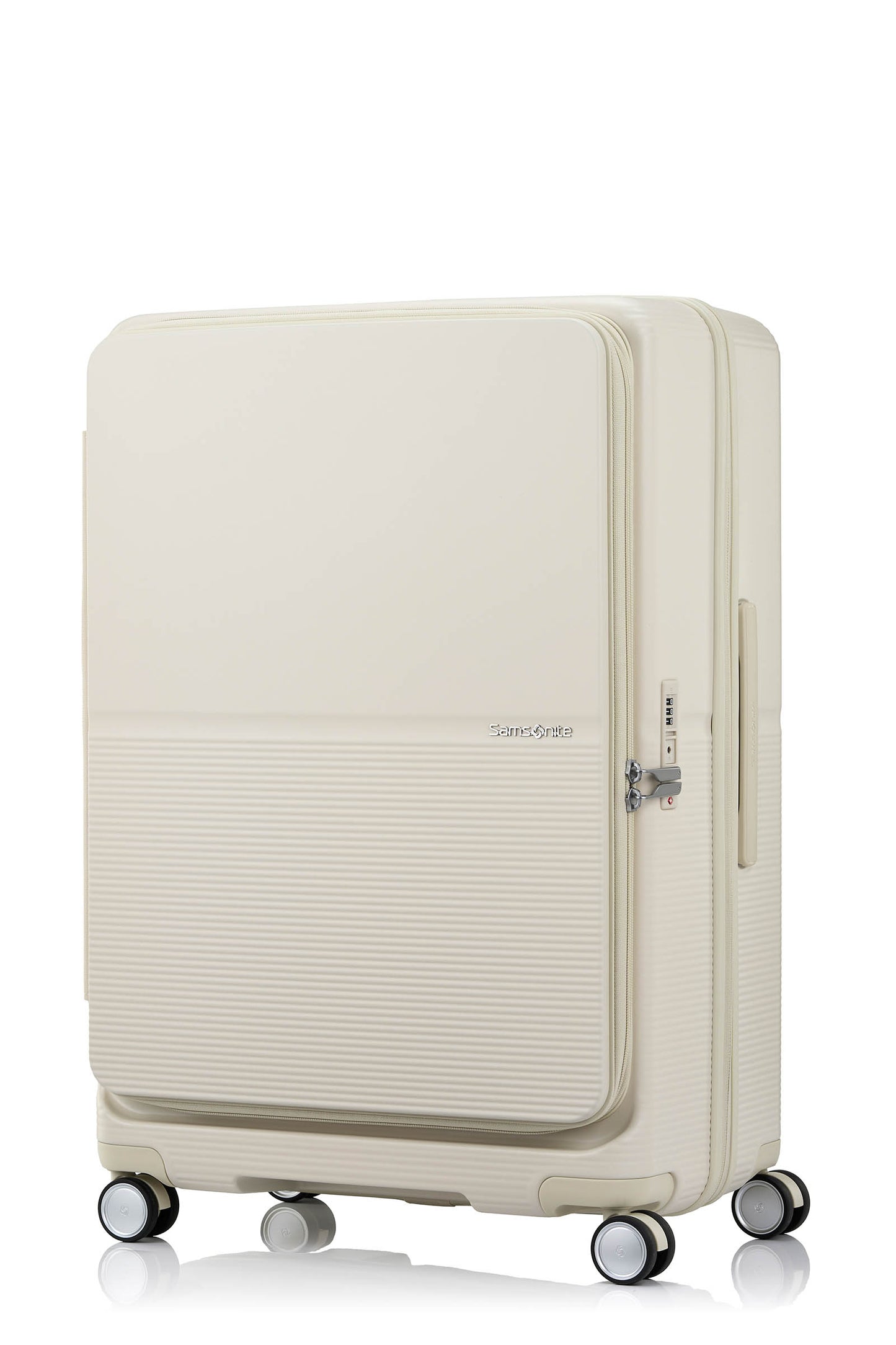 Angled view of the Samsonite Flatform Spinner Large in Ivory. Shop the Latest Online