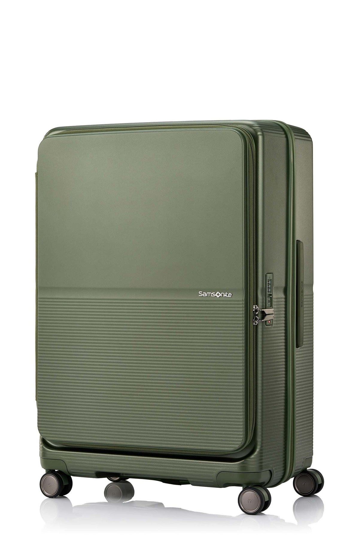 Angled view of the Samsonite Flatform Spinner Large in Metallic Green. Shop the Latest Online