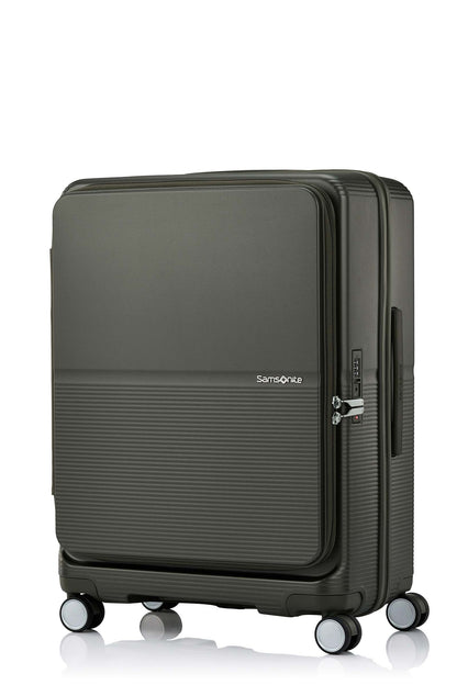 Angled view of the Samsonite Flatform Spinner Medium in Dark Moss. Shop the Latest Online
