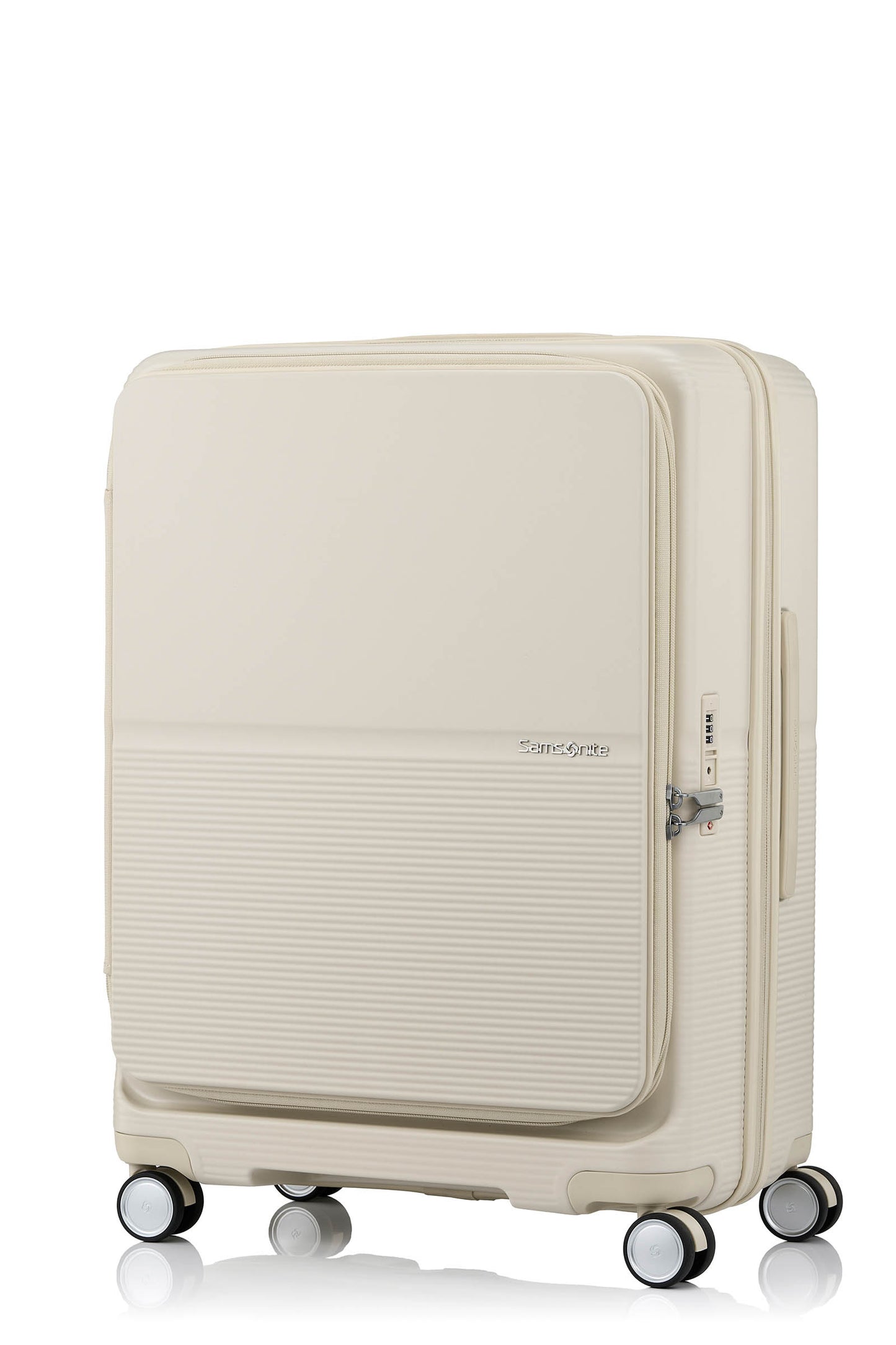 Angled view of the Samsonite Flatform Spinner Medium in Ivory. Shop the Latest Online