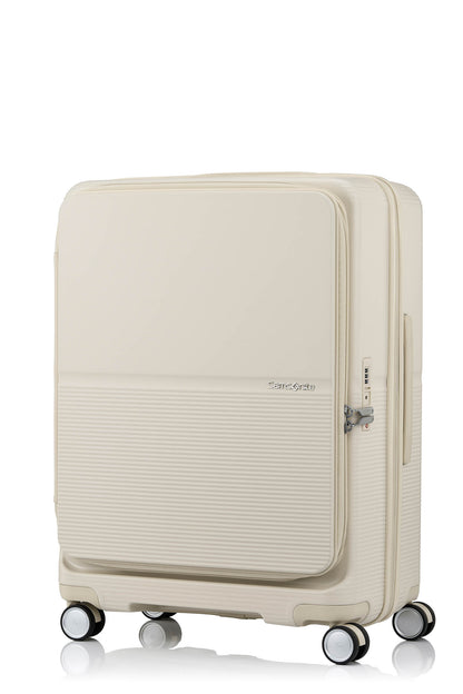 Angled view of the Samsonite Flatform Spinner Medium in Ivory. Shop the Latest Online