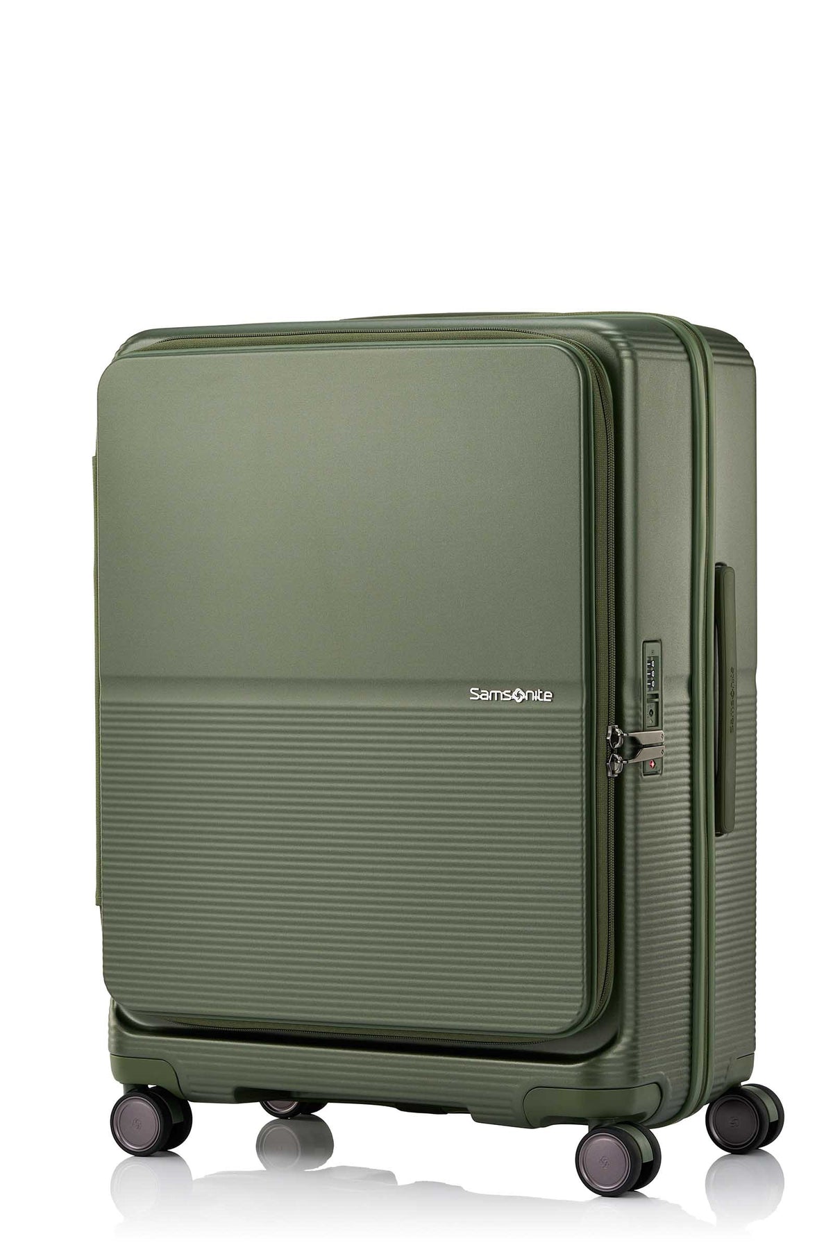 Angled view of the Samsonite Flatform Spinner Medium in Metallic Green. Shop the Latest Online