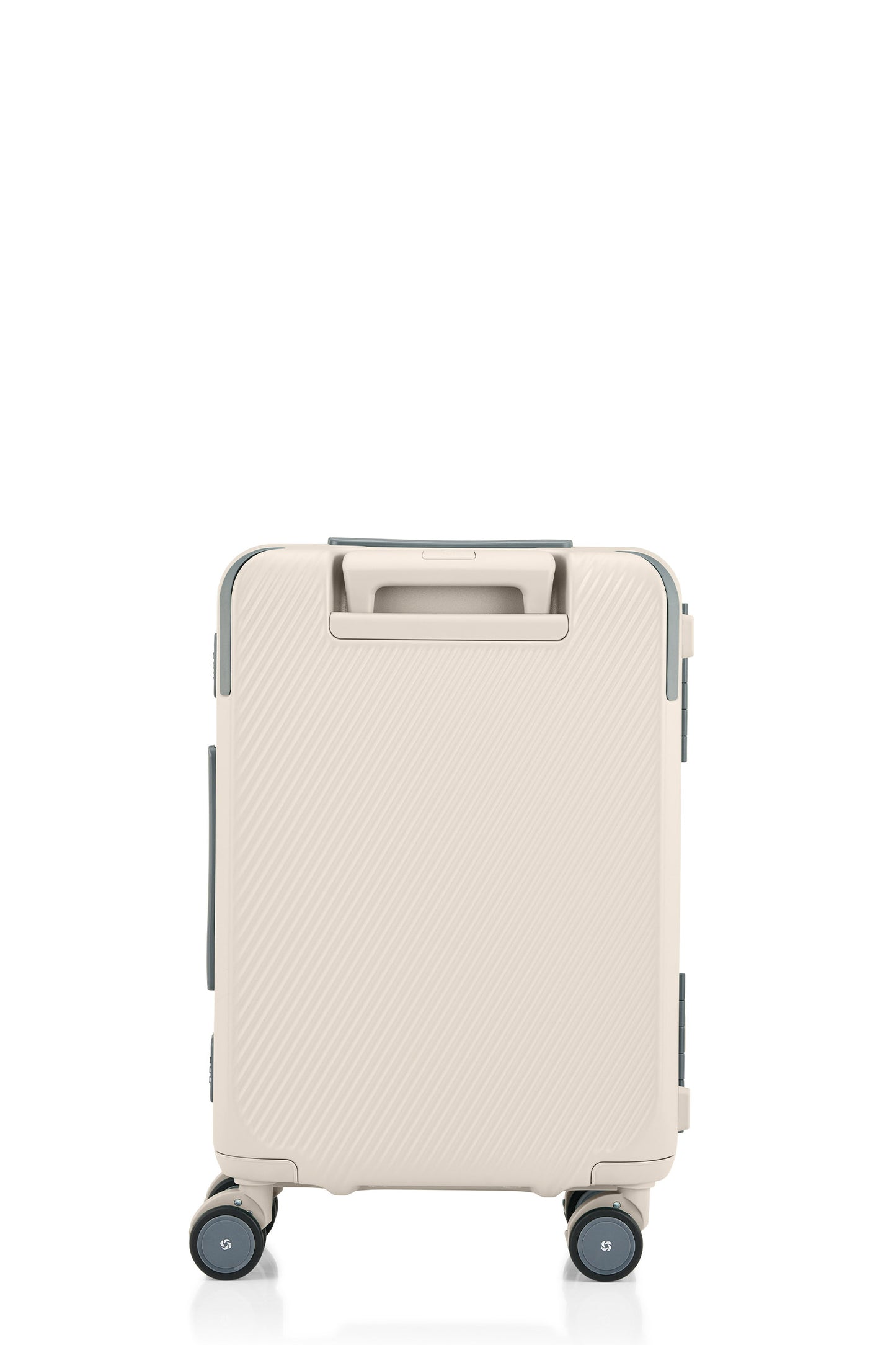Back view of the Evox Spinner Cabin luggage in Beige. Shop the Collection Online.