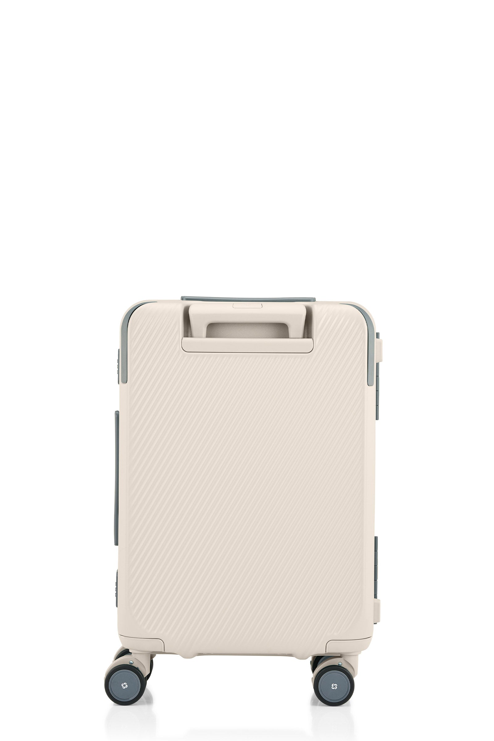 Back view of the Evox Spinner Cabin luggage in Beige. Shop the Collection Online.