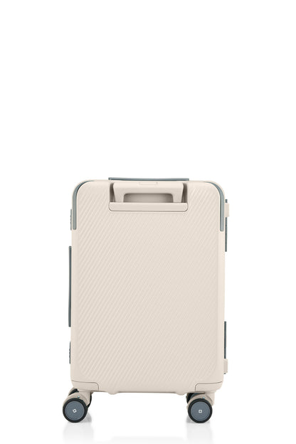 Back view of the Evox Spinner Cabin luggage in Beige. Shop the Collection Online.