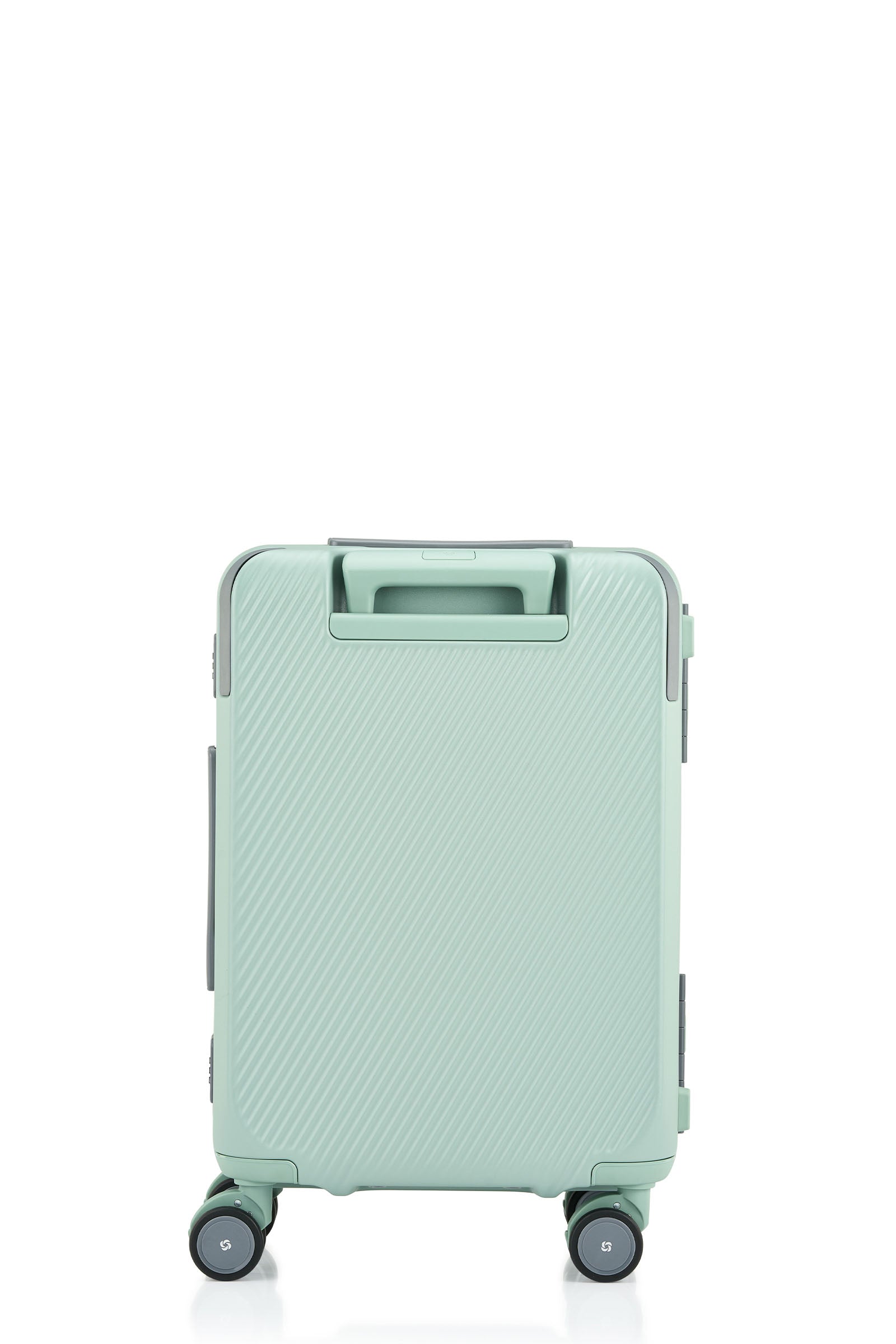 Back view of the Evox Spinner Cabin luggage in Mint. Shop the Collection Online.