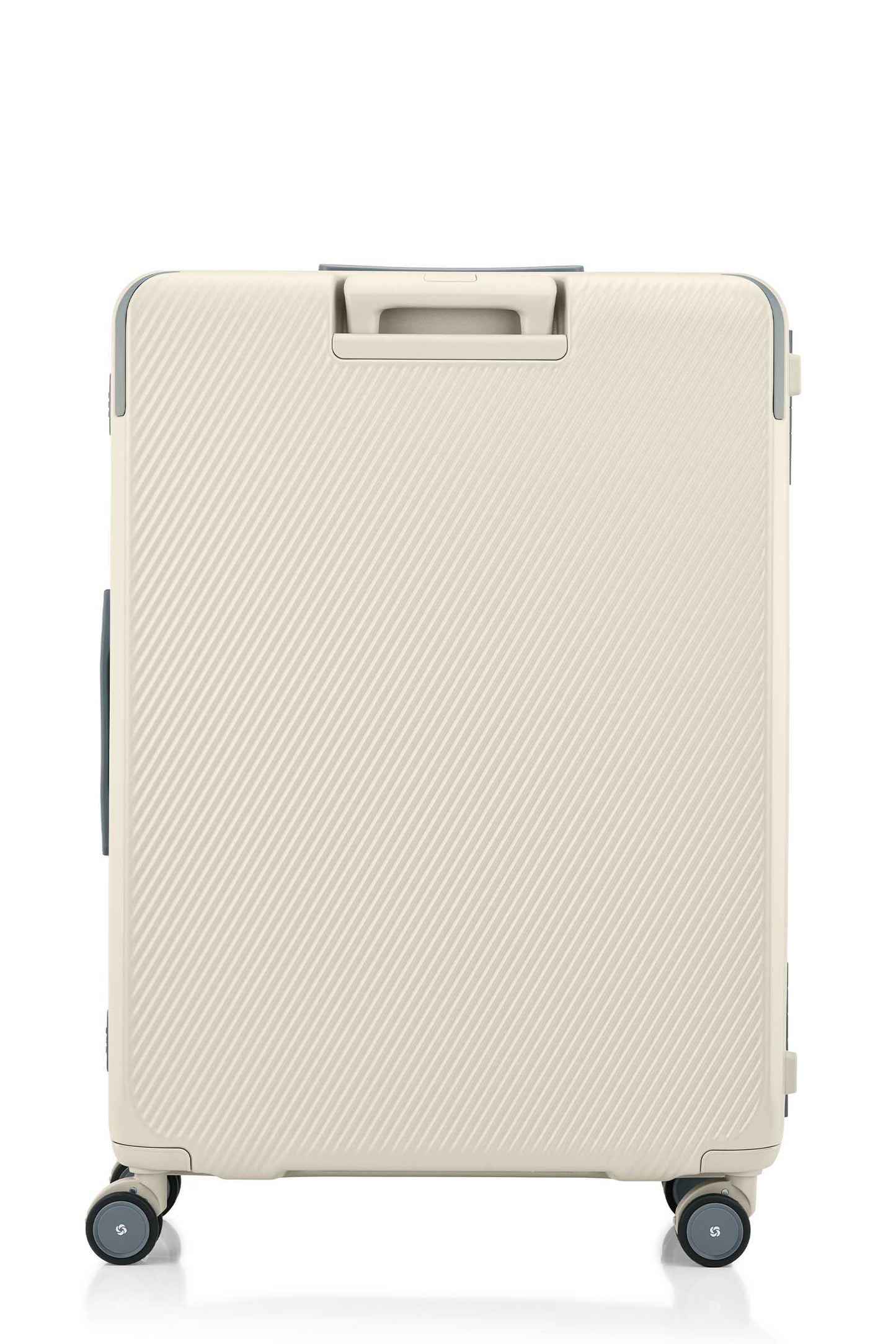 Back view of the Evox Spinner Large luggage in Beige. Shop the Collection Online.