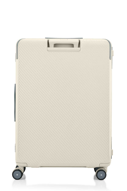 Back view of the Evox Spinner Large luggage in Beige. Shop the Collection Online.