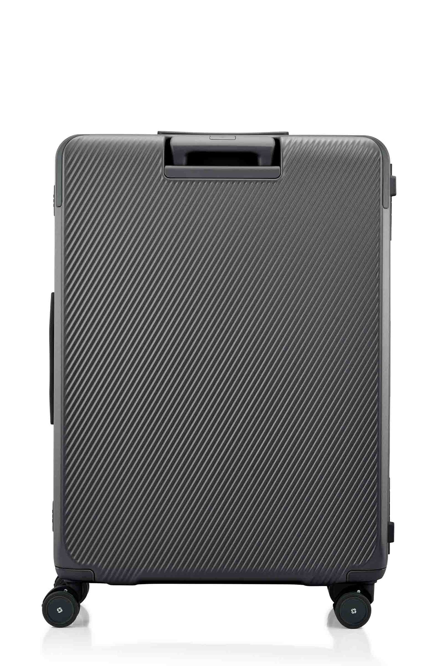 Back view of the Evox Spinner Large luggage in Graphite. Shop the Collection Online.
