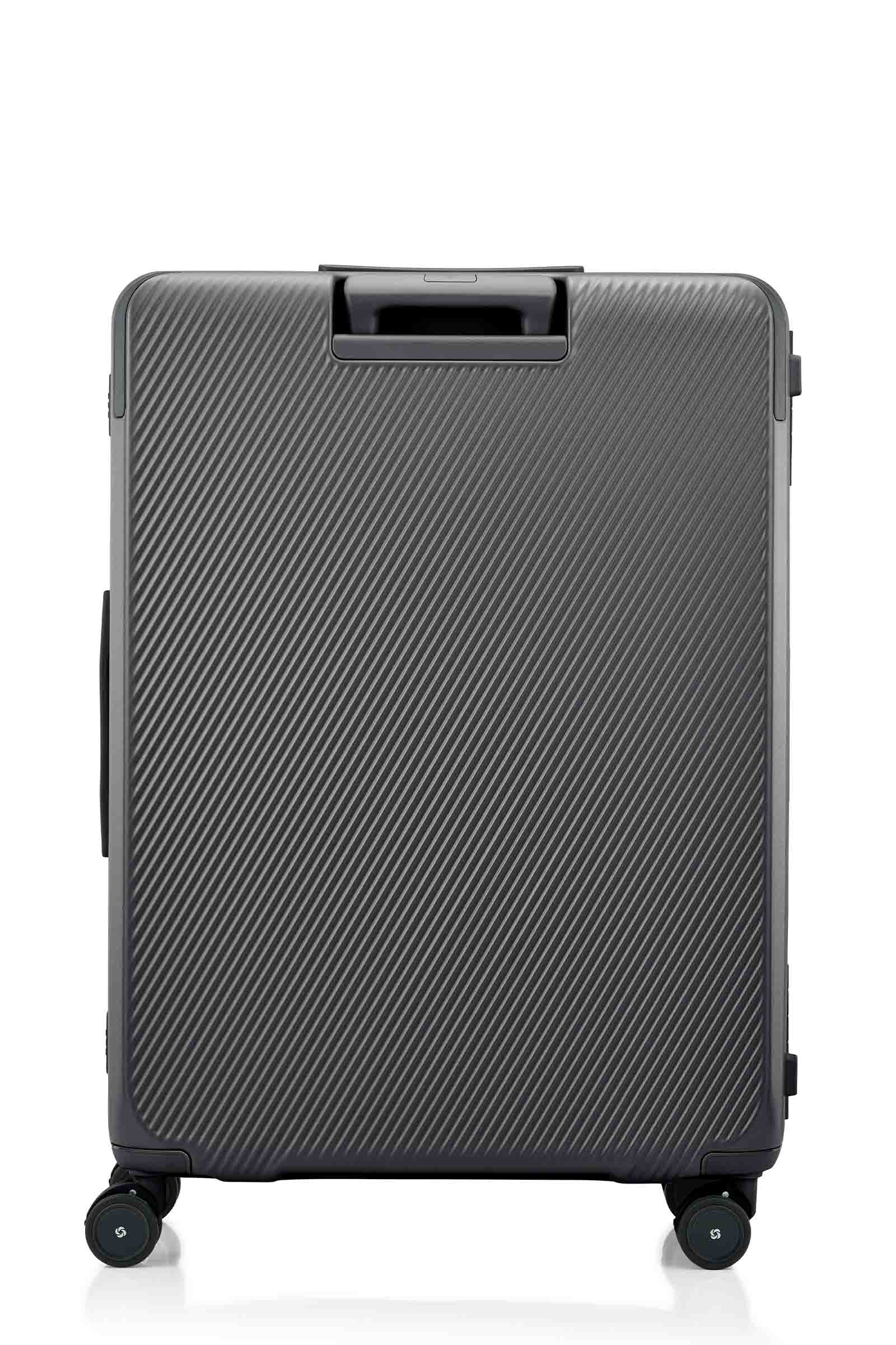 Back view of the Evox Spinner Large luggage in Graphite. Shop the Collection Online.