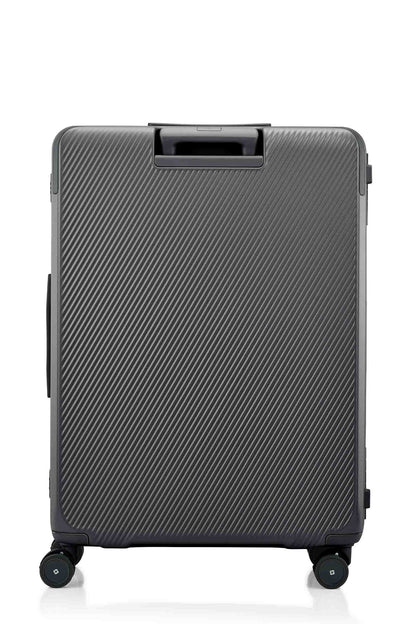 Back view of the Evox Spinner Large luggage in Graphite. Shop the Collection Online.