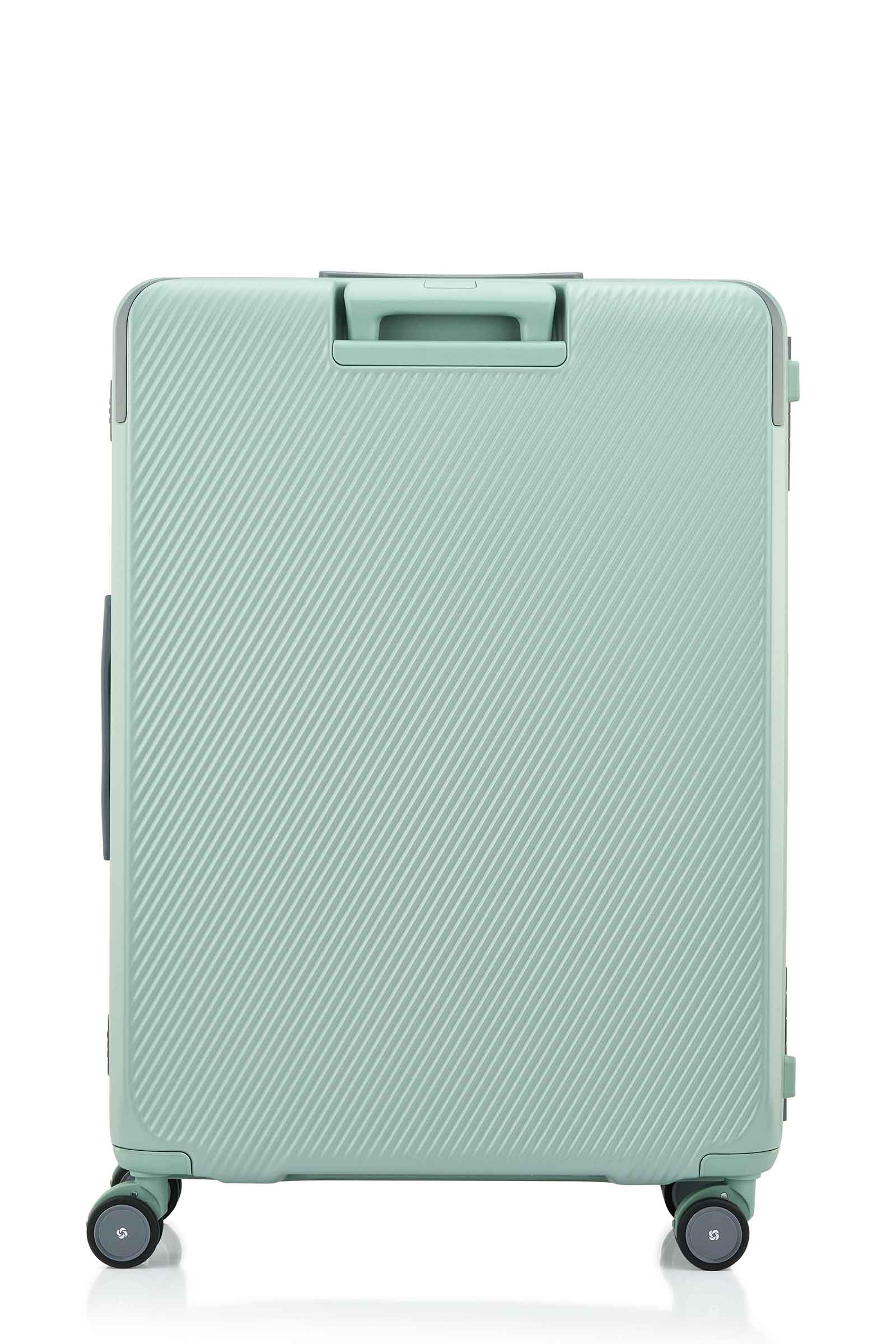 Back view of the Evox Spinner Large luggage in Mint. Shop the Collection Online.