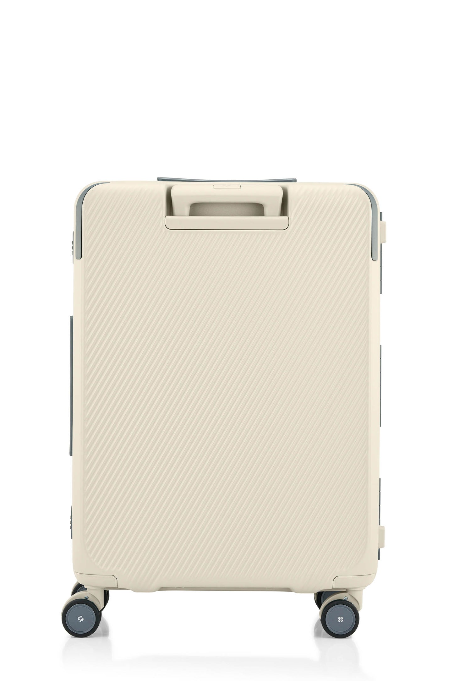 Back view of the Evox Spinner Medium luggage in Beige. Shop the Collection Online.