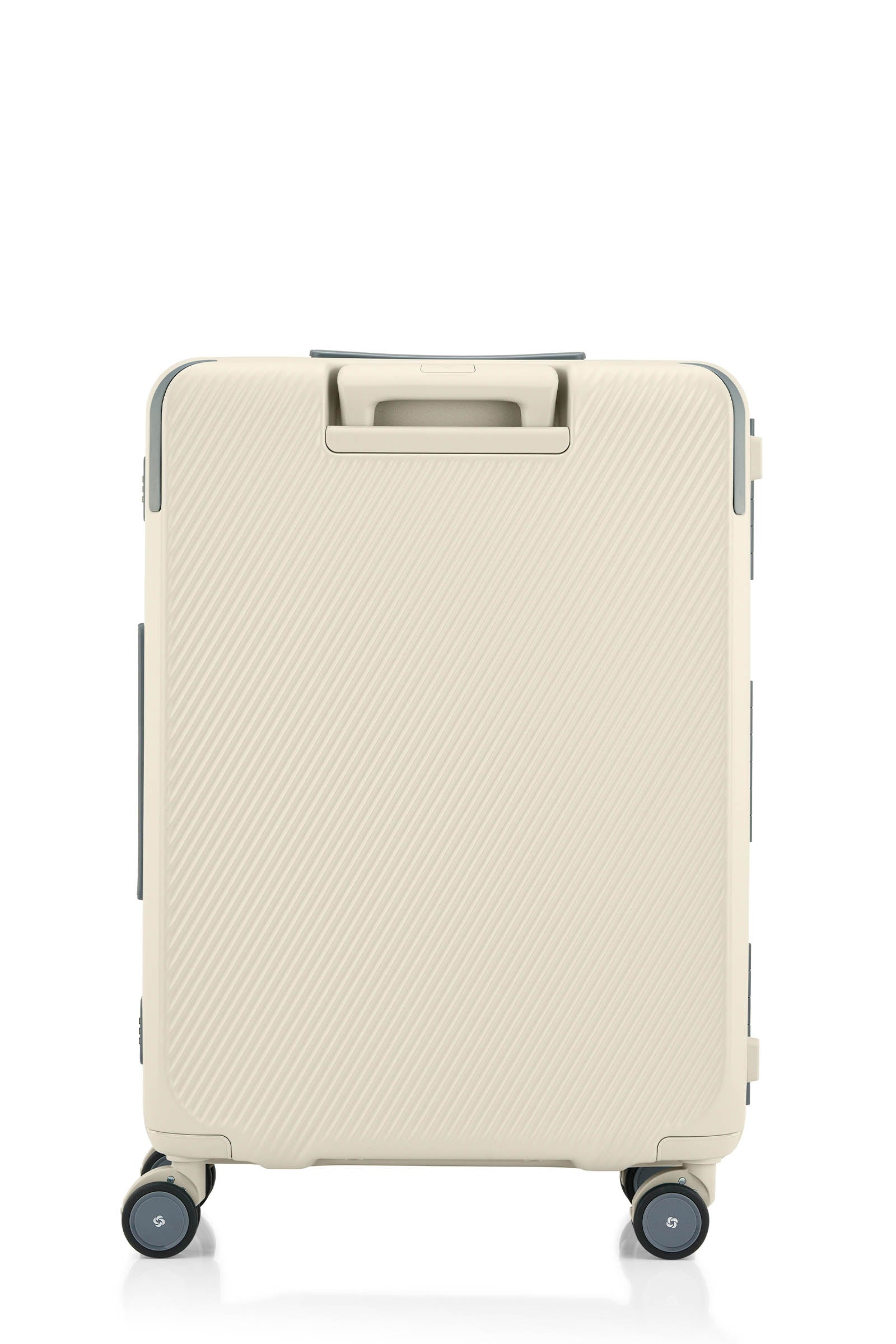 Back view of the Evox Spinner Medium luggage in Beige. Shop the Collection Online.