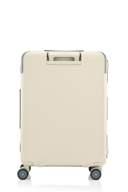 Back view of the Evox Spinner Medium luggage in Beige. Shop the Collection Online.