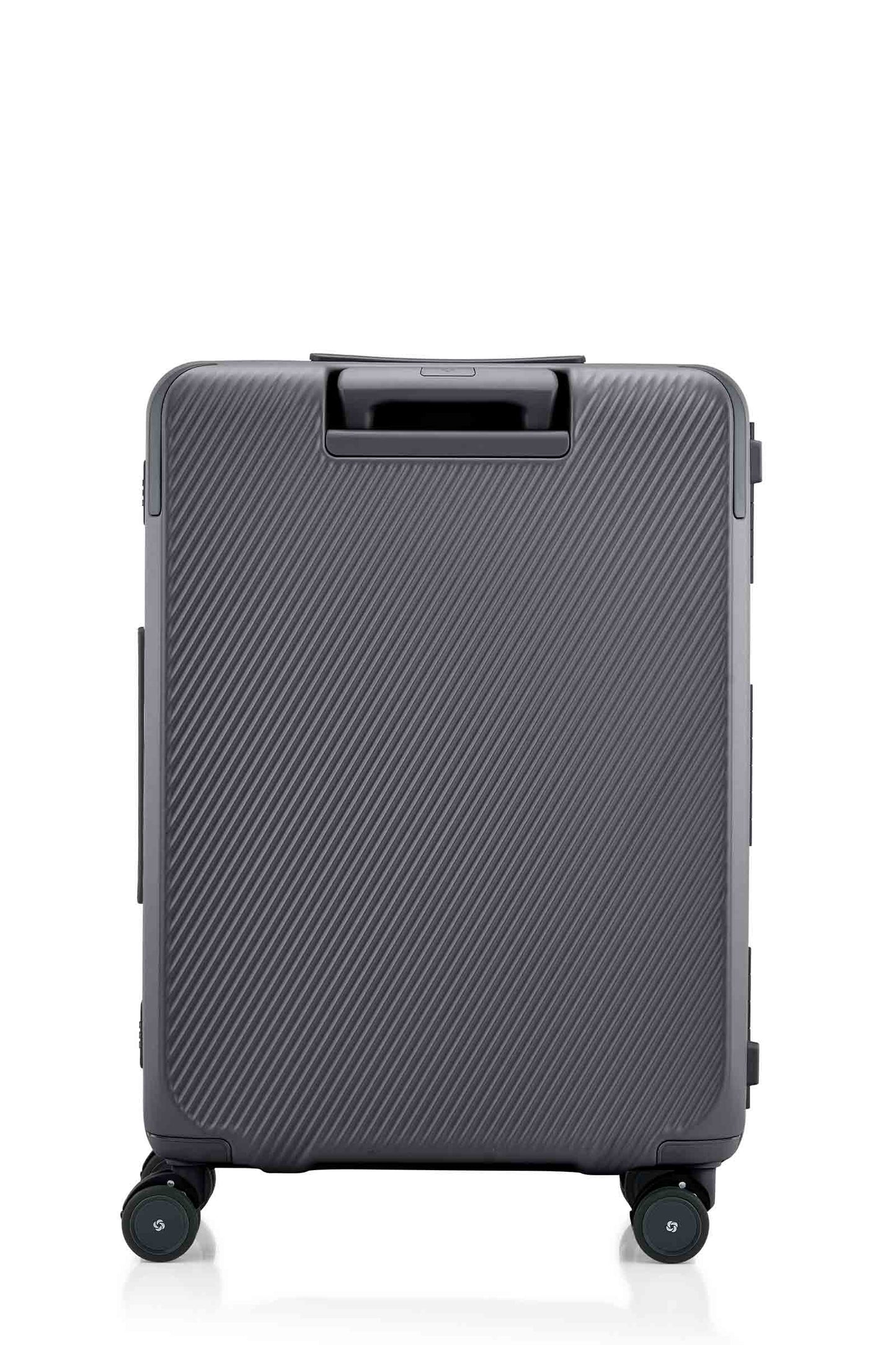Back view of the Evox Spinner Medium luggage in Graphite. Shop the Collection Online.