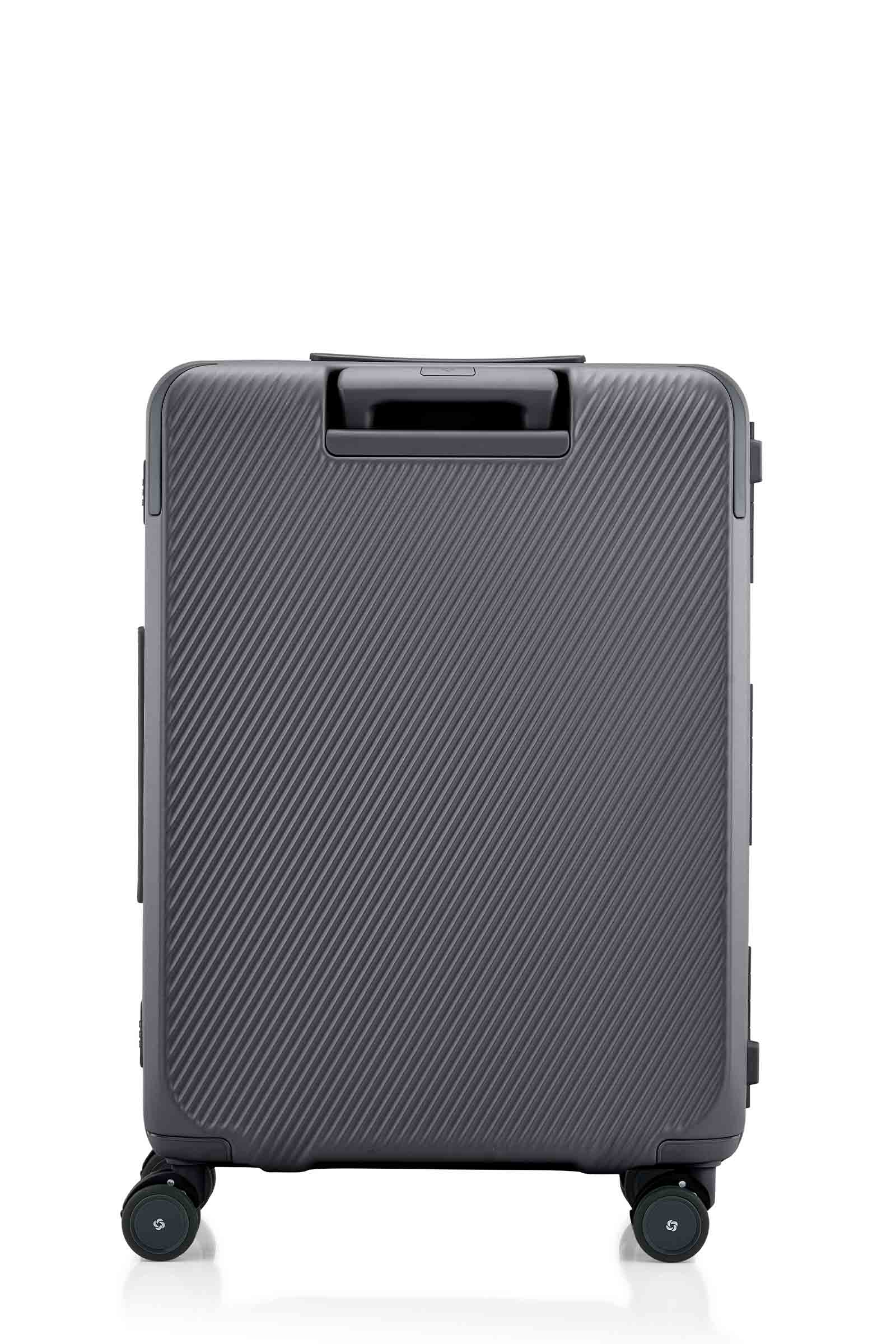 Back view of the Evox Spinner Medium luggage in Graphite. Shop the Collection Online.