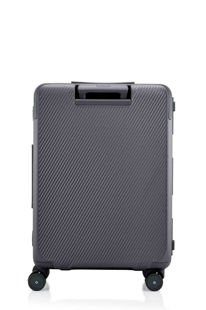 Back view of the Evox Spinner Medium luggage in Graphite. Shop the Collection Online.