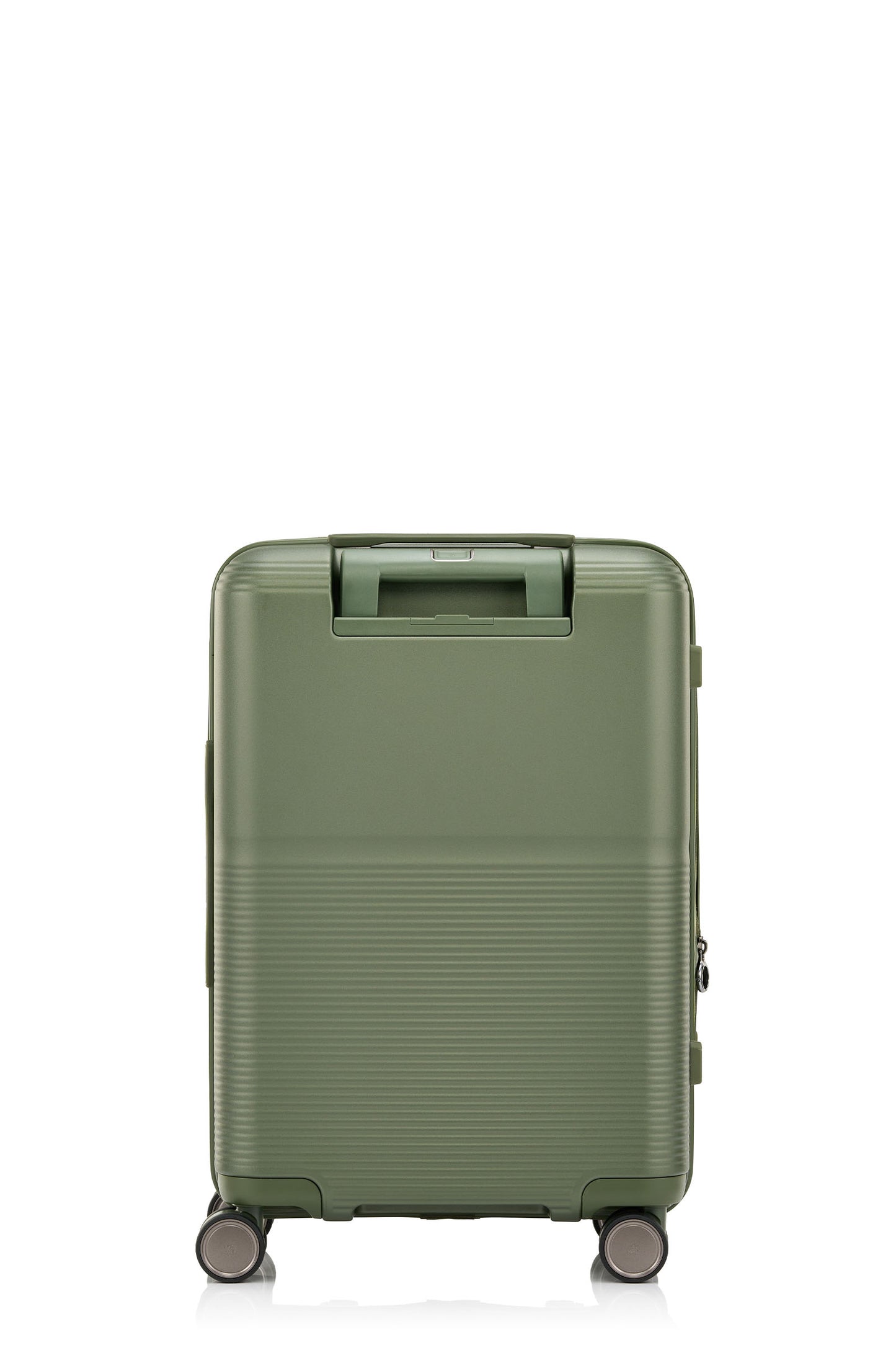 Back view of the Samsonite Flatform Spinner Cabin in Metallic Green. Shop the Latest Online