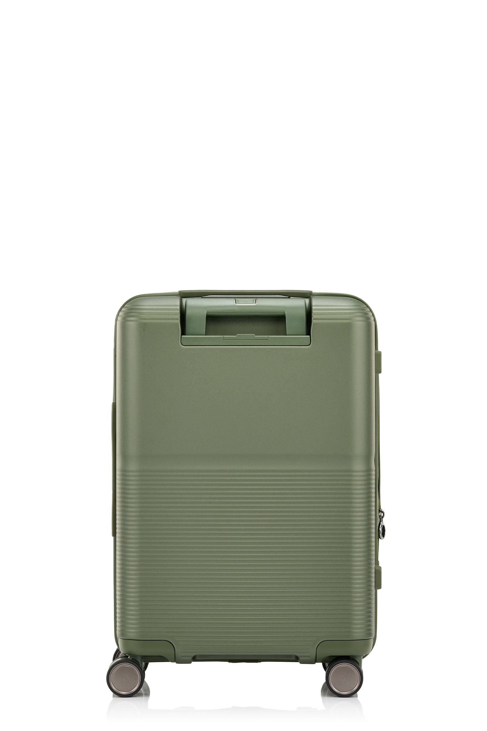 Back view of the Samsonite Flatform Spinner Cabin in Metallic Green. Shop the Latest Online