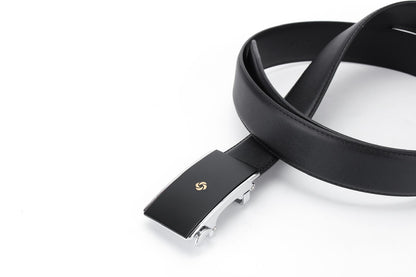 Buckle twirl belt view of the AAMIR Basic Auto Golden Logo Belt in Black. Shop Online Today.