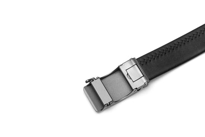 Close up back buckle view of the Samsonite AAMIR II Bizplate Al Auto 02 Leather Black Belt. Find Online Today