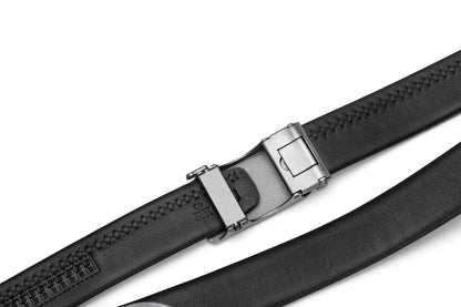 Close up back buckled view of the Samsonite AAMIR II Bizplate Al Auto 02 Leather Black Belt. Find Online Today