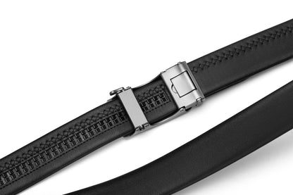 Close up back stitched buckled view of the Samsonite AAMIR II Bizplate Al Auto 02 Leather Black Belt. Find Online Today